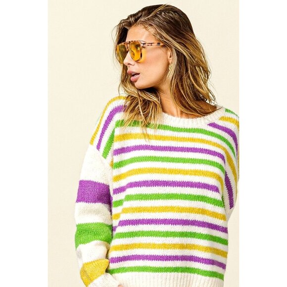 BOUTIQUE ITEM NWT Striped Mardi Gras Colors Comfy Sweater - Picture 3 of 4